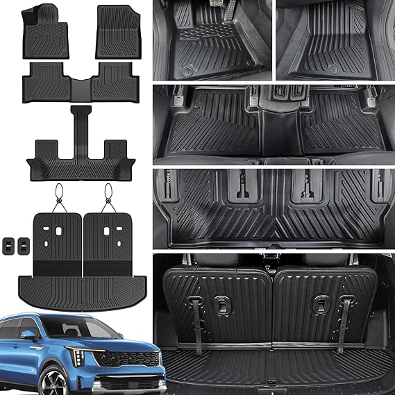 Floor Mats Cargo Mat Set for 2021-2024 2025 2026 Kia Sorento 6/7 Seats Car Mat Accessories(Not Fit Hybrid), All Weather TPE Cargo Liner Trunk Mat for S LX EX SX