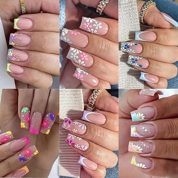 6-Pack Square Press-On Nails: 12 Sets (144 Pcs) French Tip Fake Nails with Flower Design - Full Cover, Colourful Artificial, Reusable False Nails Kit - Cute Glue-On Nails for Women & Girls