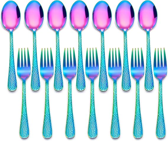 LIANYU 14-Piece Kids Silverware Set, Rainbow Toddler Utensils Flatware Set