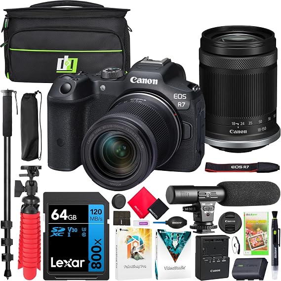 Canon EOS R7 Mirrorless Camera Body with RF-S 18-150mm F3.5-6.3 is STM Lens 5137C009 Bundle with Deco Gear Photography Bag + Microphone + Monopod + Software & Accessories Kit
