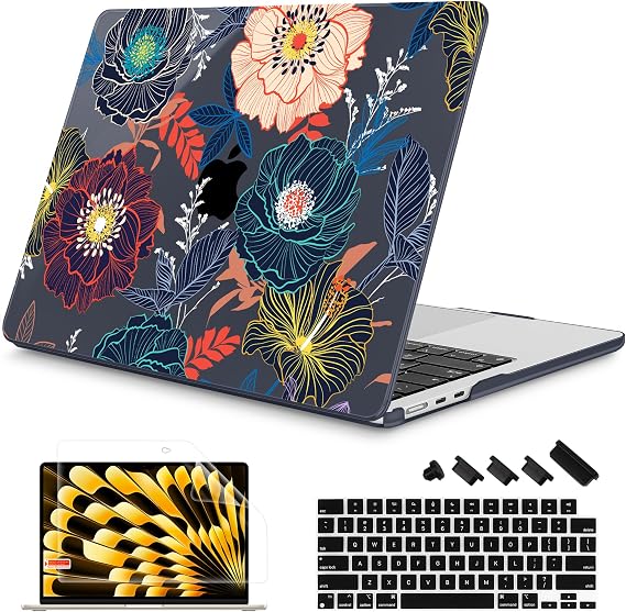 Mektron for 2026/2025/2024/2023 MacBook Air 15 INCH M5 A3448 /M4 A3241 /M3 A3114 /M2 A2941 Case, Printed Plastic Hard Shell Cover with 15.3" Liquid Retina Display Touch ID, Dahlia Flowers