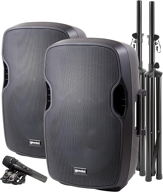 Gemini PA-SYS15 Complete Portable Bluetooth PA Speakers System Package, Dual Active and Passive 2000W Speakers, Stands and Microphone,Black