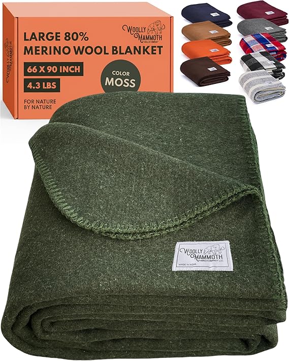 Woolly Mammoth Merino Wool Blanket, Washable Outdoor Throw Blanket, 66"x90" | Military Style Camping Blankets for Sleeping - Bushcraft, Car, Backpacking, Stadium, Camp Blanket - Survival Gear - Moss