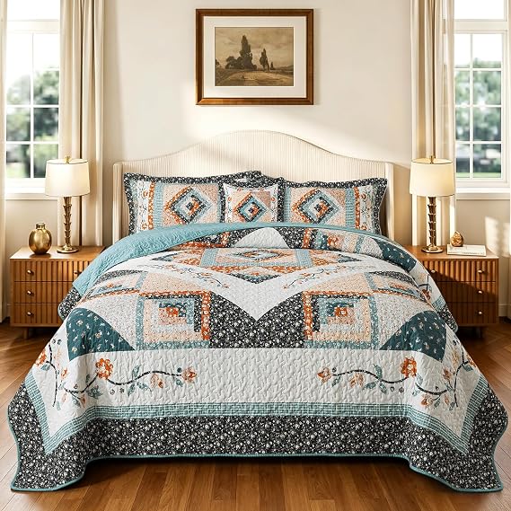 TWINRUN Cotton King Quilt Bedding Set, King Size Quilt Set for Bed