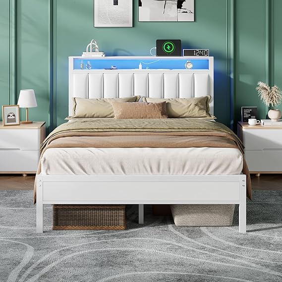 Furnulem White Full Size Bed Frame with Upholstered Headboard & LED Lights | Metal Platform Bed with Charging Station & PU Leather Headboard, 2-tier Storage Shelves, Box Spring Free, Solid and Stable