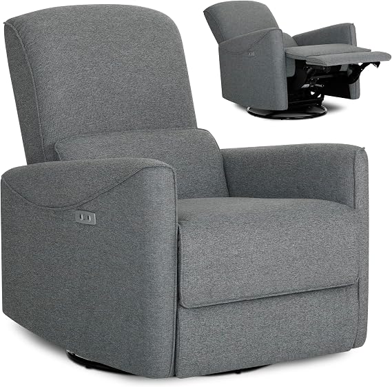 Evolur Belmont Nursery Glider Chair with Massager in Cosmic Grey, Power Recliner with 275 Swivel, Lumbar Support Modern Rocking Chair for Baby Room, Nursery & Living Room