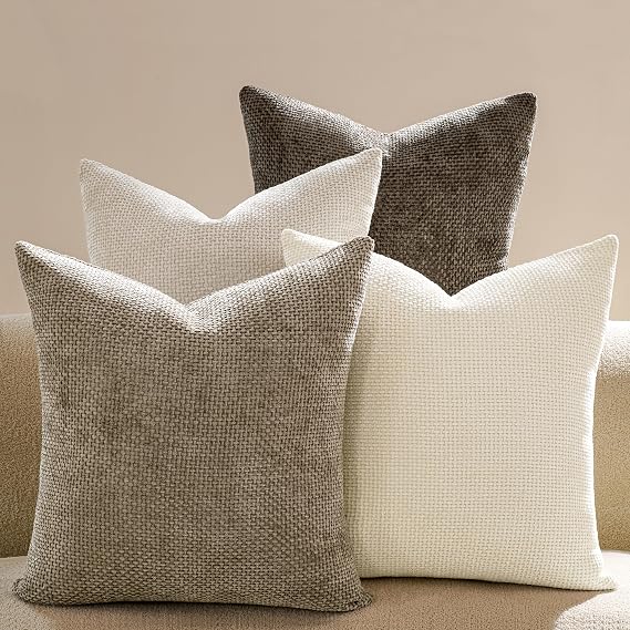 Throw Pillow Covers 18x18 Inch Pack of 4 Neutral Soft Decorative Chenille Pillow Covers Farmhouse Boho Couch Pillow Covers for Home Decor Sofa Bedroom Living Room Decor