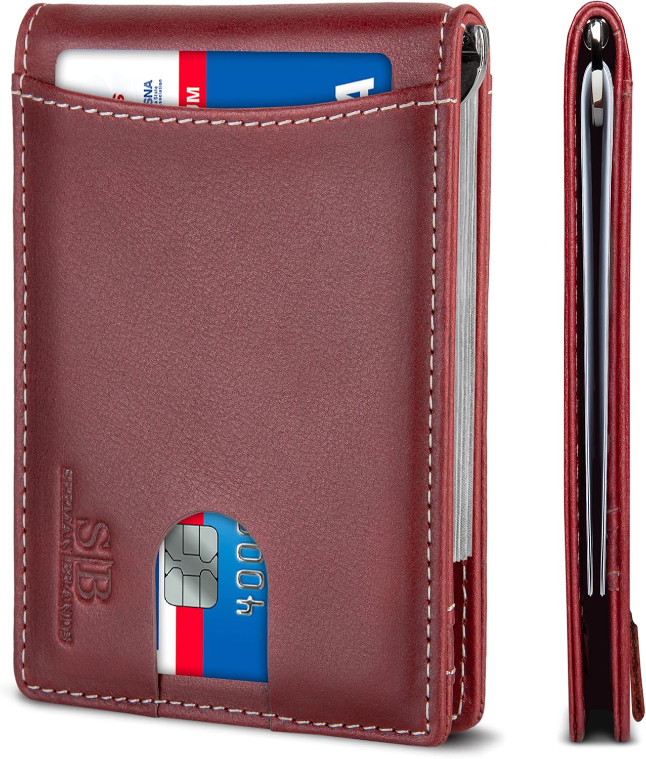 SERMAN BRANDS RFID Block Slim Bifold Genuine Leather Minimalist Front Pocket Wallet Mens Money Clip Thin Mens, Mahogany 1.0, Slim