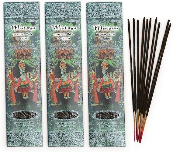 Prabhuji's Gifts Matsya Hand-Rolled Spiritual Incense Sticks from India - Aromatic Sticks - for Meditation, Yoga, Relaxation, Aromatherapy Incense - Jasmine, Rose, and Tulasi - 3 Packs of 10 Sticks