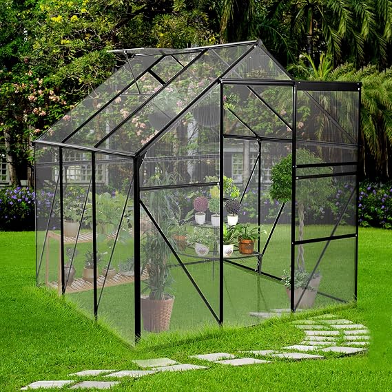 6x6 FT Polycarbonate Greenhouse with Sliding Door and Adjustable Roof, Heavy Duty Aluminum Walk-in Greenhouses w/ Raised Base for Outdoor Garden Backyard,Black