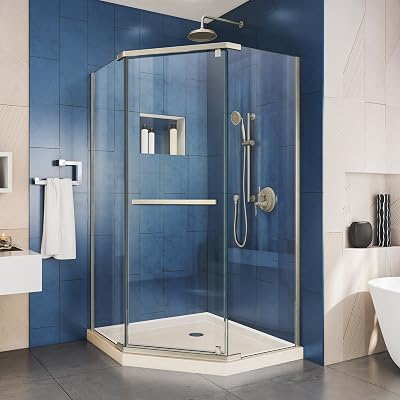 DreamLine Prism 40 in. x 74 34 in. Frameless Neo-Angle Pivot Shower Enclosure in Brushed Nickel with Biscuit Base, DL-6032-22-04