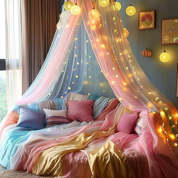 Rainbow Bed Canopy for Girls with100 LED String Lights, Rainbow Princess Mosquito Net, Hanging Bed Net Cover for Girls Room Decor, Birthday Gift