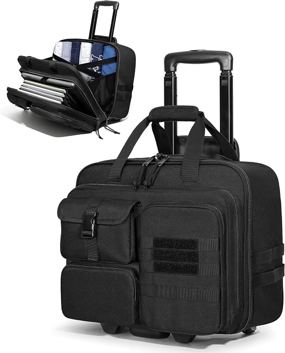 Rolling Tactical Messenger Bag, 17.3 Inch Briefcase with Wheels | A Padded Laptop Sleeve, Accordion File Organizer, Opens 180 Flat, Wheeled Military Laptop Bag for Work Commute Flight