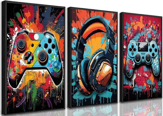 PPV 3Pcs Cool Gaming Wall Art Retro Video Gamer watercolor Posters Pictures Colorful Neon Gamepad Canvas Painting Prints for Boys Room Kids Gamer Room Bedroom for Boys Home Decoration