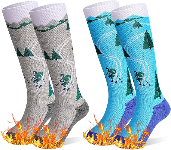 SkiBeaut Kids Ski Socks, 2 Pairs Knee-high Thick Warm Snowboard Skating Skiing Socks for Boys Girls Toddler Youth, Age 3-12