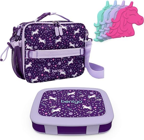 Bentgo Prints Insulated Lunch Bag Set With Kids Bento-Style Lunch Box and 4 Reusable Ice Packs (Unicorn)