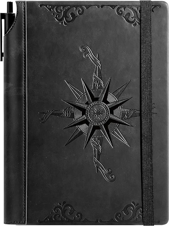 CAGIE Compass Leather Journal for Men Women, A5 Lined Notebook Writing Gift | 288 Pages 100 GSM Acid-free Paper, Bleed-free, Pen holder, Lay Flat, For Daily Writing, Office, Gifting