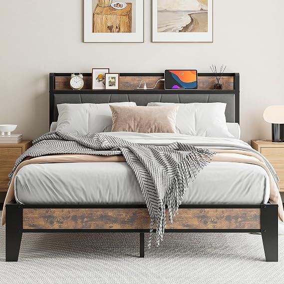 IRONCK Double Bed Frame with Storage Shelf Upholstered Headboard, Platform Bed Frame with Charging Station, Metal Bed Frame/UnderBed Storage, Enhanced Support Noise Free, Vintage Brown+Grey