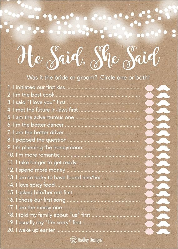 Hadley Designs Bridal Shower Games for 25 Guests Rustic He Said She Said Bridal Shower Games, Wedding, Engagement Party Activities