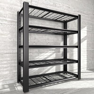 Heavy Duty Garage Shelving Unit with Wire Grid Shelves, 76.6 H x 60 W x 24 D, 5-Tier Adjustable Metal Shelving, Industrial Garage Storage Shelf for Heavy Duty Shelving, Storage Room, Basement-1Pack