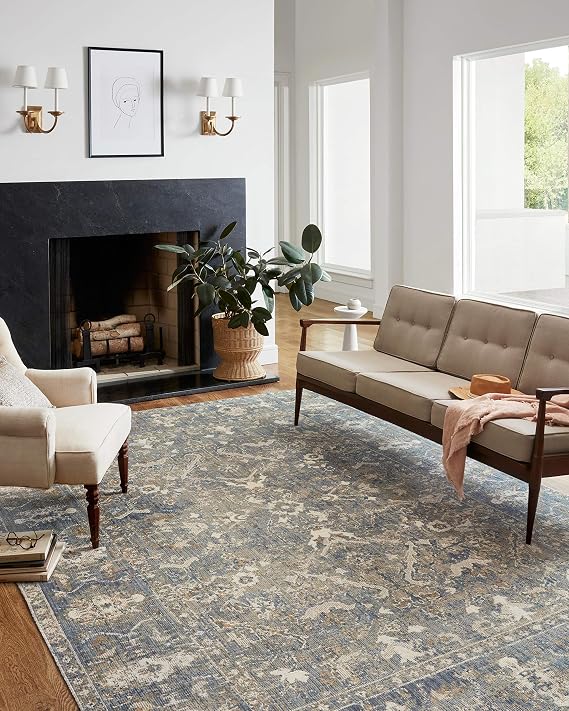 Loloi Chris Loves Julia Rosemarie 7'-10" x 10' Area Rug in Sand/Lagoon - Classic No-Shed Area Rug, Soft Living Room Rug, Antique Inspired Modern Rug for Living Area, Bedroom, Dining Room