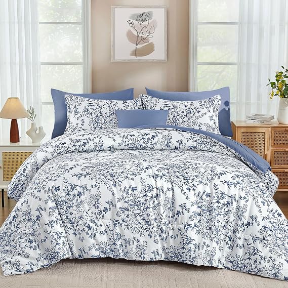 WONGS BEDDING Blue Floral Comforter Set King Size, 8 Pieces Flower Botanical Bed in a Bag Bedding Set, Soft Microfiber Comforter, Sheets, Pillowcases & Shams (90"x104")