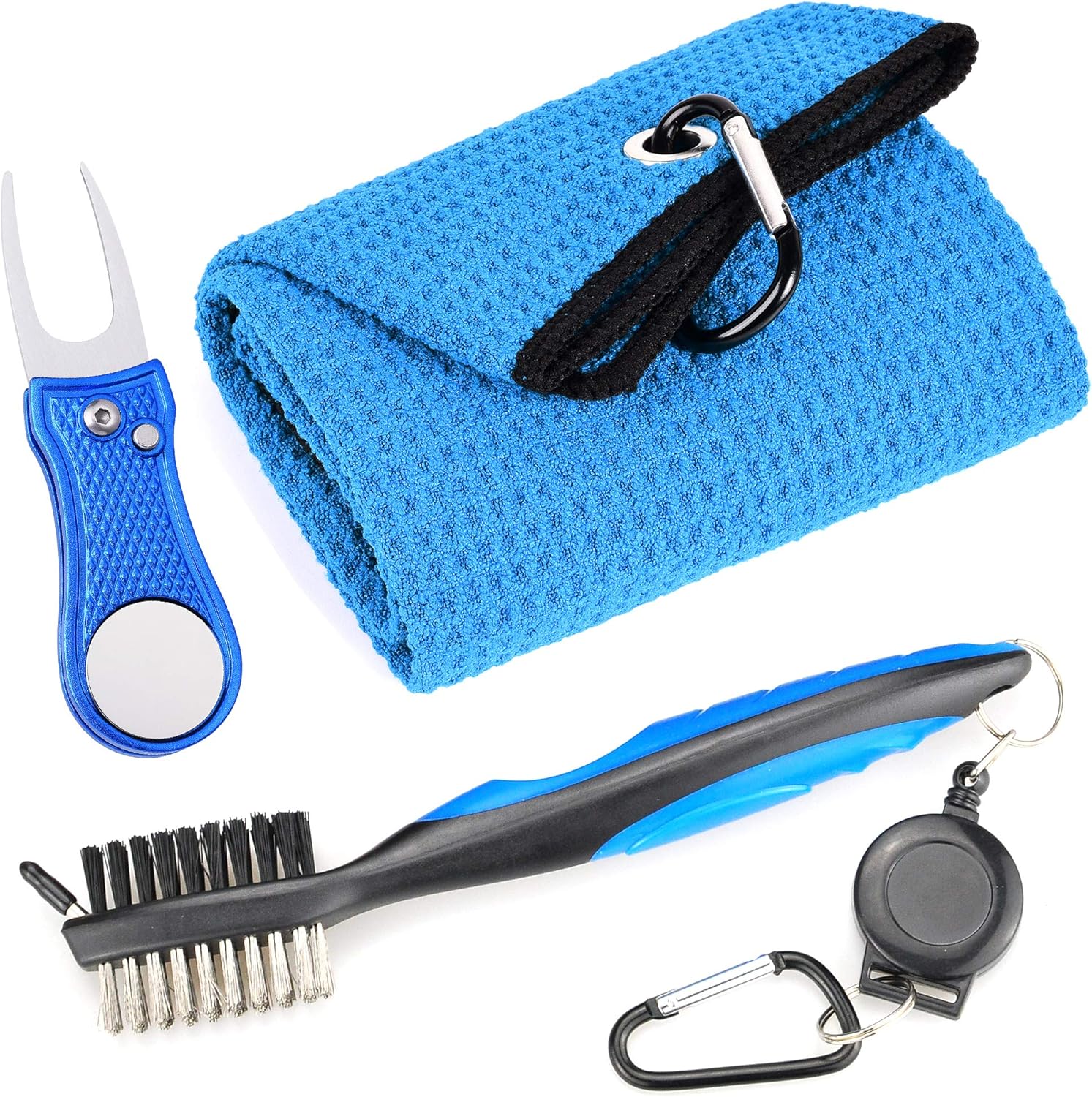 Mile High Life Microfiber Waffle Pattern Golf Towel | Club Groove Cleaner Brush | Foldable Divot Tool with Magnetic Ball Marker (Black Towel/Brush/Bone Divot)