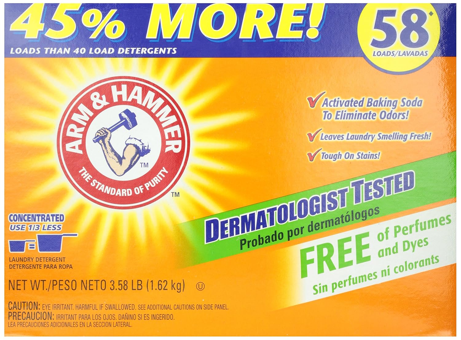 Arm & Hammer Powder Laundry Detergent, 58 Loads, Free of Perfumes and Dyes, 3.58 Pounds