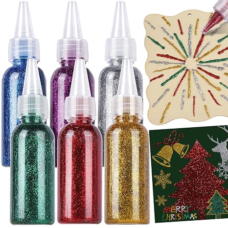 LEOBRO Glitter Glue for Crafts, 360ml Red, Silver, Gold, Green, Blue and Purple Glitter Glue Gel, for Painting, Writing, Christmas Decorations, Stocking Decoration, Stationery (6 Colors, 60ml/Color)