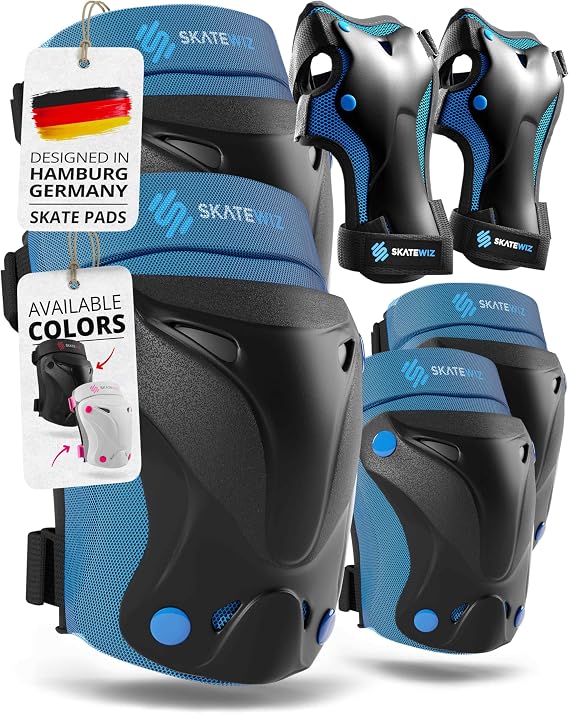 SKATEWIZ Kids and Adult Knee Pads and Elbow Pads Set 6pcs - incl. Carry Bag
