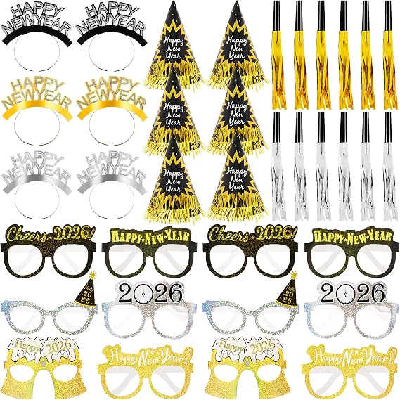 New Years Eve Party Supplies Decorations 2026, 36pcs Headband Noise Makers Party Favors Black Gold Silver Happy New Year Cone Hats Cheers 2026 Glasses for New Years Eve Accessories Kit