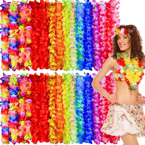 Palonu 50 Hawaiian Luau Leis Bulk, Colorful Tropical Silk Flower Necklace, Hawaii Theme Summer Beach Pool Party Decorations
