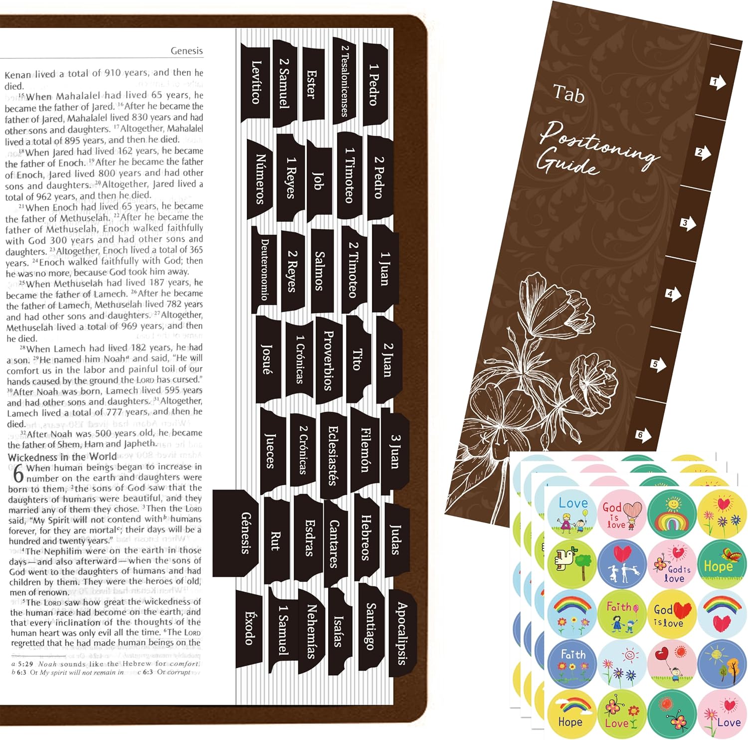 105 Spanish Bible Indexing Tabs, Laminated Bible Tab Set Bible Book Index Tabs, Large Print Easy to Read & Apply, Self-Adhesive Bible Tabs, 80 Christian Faith Stickers with an Aligning Guide Black