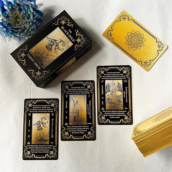 New Edition, Black Gold Tarot Cards Set, Tarot Cards for Beginners with Meanings on Them, Tarot Cards Deck with Guide Book, Gold Gilded Edges