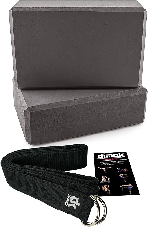 dimok Yoga Blocks and Strap Set - Foam Bricks 9x6x4 and 8FT Yoga Belt Metal D-Ring - High Density Premium Quality