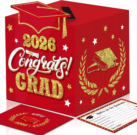 Graduation Wish Cards with Red and Gold Graduation Card Holder Box - 36PCS Class Of 2026 Graduation Advice Cards and 2026 Congrats Grad Card Box for Graduation Party Supplies Decoration