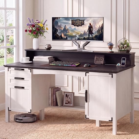 63" Farmhouse Desk w/Power Outlet & Monitor Stand, White & Black