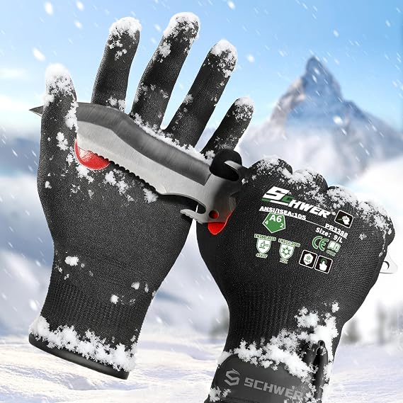 Schwer FreezeGuard Winter Work Gloves for Men and Women, ANSI A6 Cut Resistant Gloves With Super Grip, Freezer Glove for Work, Touchscreen, Thermal Insulated, PR3388, Black Knight (L, 1 Pair)