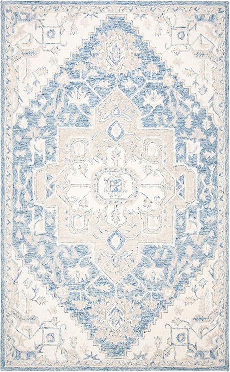SAFAVIEH Micro-Loop Collection Accent Rug - 2' x 3', Blue & Ivory, Handmade Shabby Chic Medallion Wool, Ideal for High Traffic Areas in Entryway, Living Room, Bedroom (MLP503M)