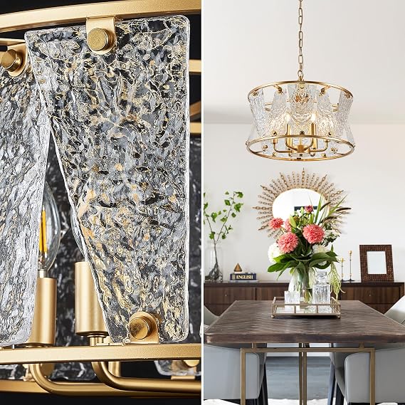 Modern Gold Round Chandelier 6 Light Drum Glass Chandelier Light Fixture18in Hammered Glass Chandelier for Dining Room Kitchen Entryway Bedroom Breakfast Nook