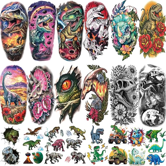 77 Sheets Dinosaur Temporary Tattoos for Kids Adult, Large Triceratops T-Rex Skull Raptor Claw Dinosaur Fake Tattoos for Boys Girl, Tiny Dino Tattoo for Birthday Party Favors T-rex Decoration