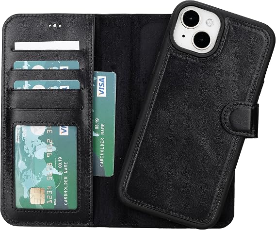 iPhone 15 Plus ile uyumlu Hakiki Deri Cüzdan Kılıf - Kart Yuvalı, Tam Koruma, MagSafe Uyumlu, RFID Korumalı, Stantlı, Güçlü Manyetik Kapama - Üniseks (Rustik Siyah)