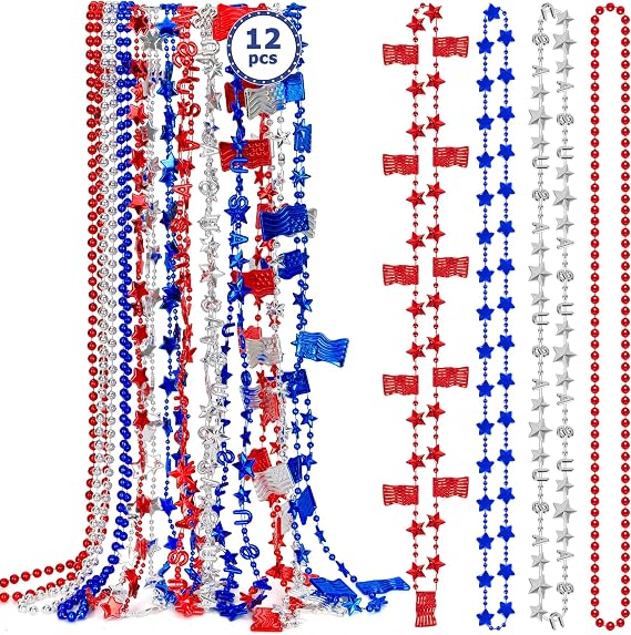 4th of July Necklace Accessories, 12PCS Veterans Day Beads Necklaces Bulk, Independence Day Red Blue White Stars USA Flags Necklace, Veterans Day Patriotic Bulk for Parade Party Favors Decorations