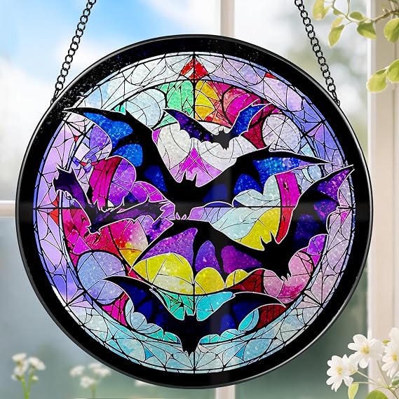 8 Inch Stained Glass Suncatcher Ornament, DOUHASU Bat Sun Catchers Indoor Window, Stained Glass Window Hanging, Home Decor, Bat Lovers Gifts for Him, Men