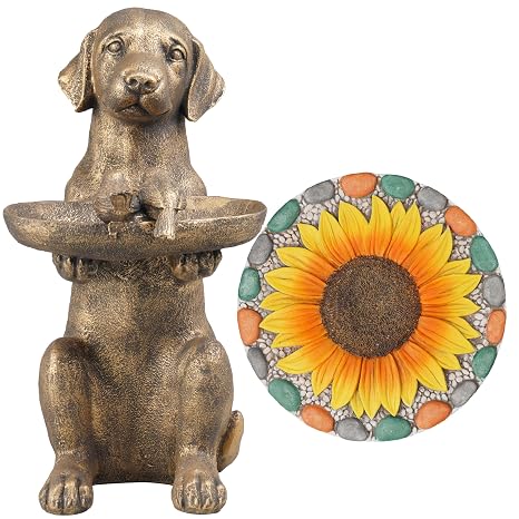 Garden Decor Set, Dog Bird Bath Statue and Sunflower Stepping Stone, Outdoor Yard Art