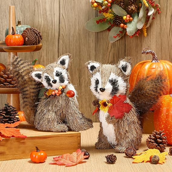 Namalu 2 Pack Raccoon Sisal Fall Decor Thanksgiving Decoration Indoor Sisal Figurine for Home Table Centerpieces Cute Handmade Fall Woodland Animal