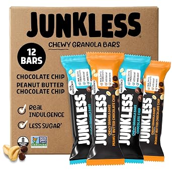 JUNKLESS Classic Chewy Granola Bars - Chocolate Chip and Peanut Butter Chocolate Chip, Gluten-Free, Non-GMO, Lower Sugar, Healthy Snacks for Kids & Adults, 2 Boxes (12Bars)