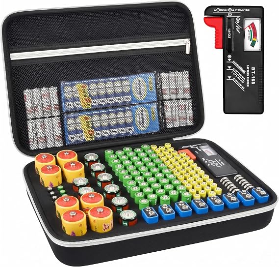 PAIYULE Battery Organizer Storage Box with Tester, Shockproof EVA 220+ AA AAA C D 9V Capacity Emergency Power Solution, Unique 8 D-Cell Home Kitchen Garage Organization