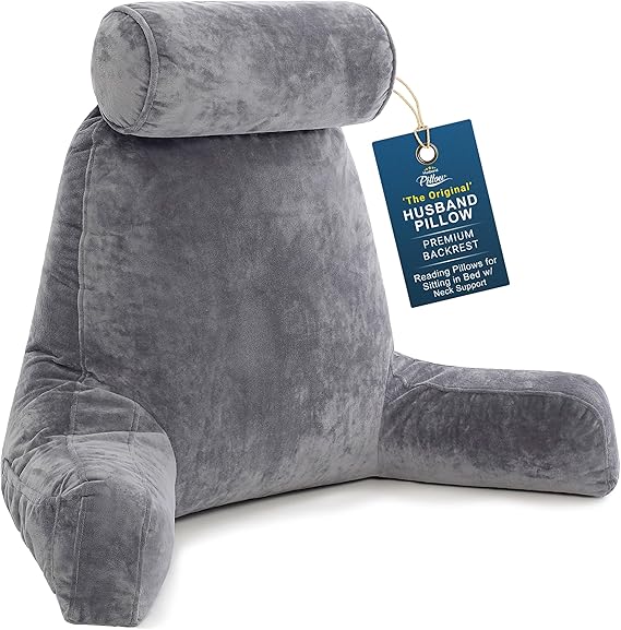 Husband Pillow XXL The Original for Adults - 30 Tall Backrest for Sitting Up in Bed - Firm Support Reading & Bed Rest Pillows for Adults, Neck Roll, Removable Cover - TV - Dark Grey