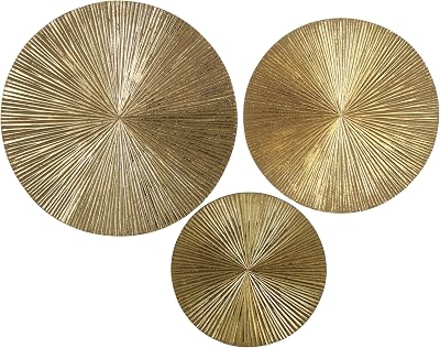 CosmoLiving by Cosmopolitan Wooden Plate Home Wall Decor Carved Radial Wall Sculpture, Set of 3 Wall Art 24, 20, 16H, Gold